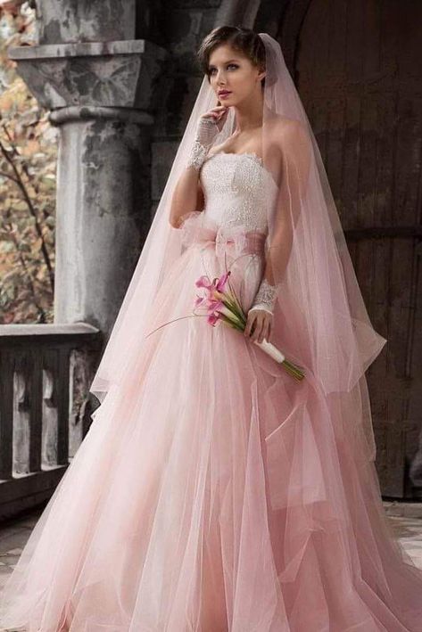 Pink Wedding Dress Lace, Pale Pink Weddings, Baby Pink Wedding, Pink Wedding Gowns, Pink Veil, Blush Pink Wedding Dress, Wedding Dress Prices, Wedding Dress Sequin, Pink Wedding Dress