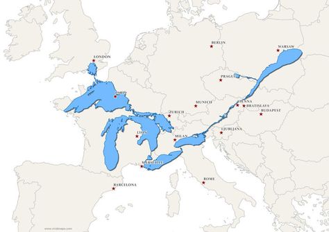 The Great Lakes And Saint Lawrence River Superimposed On A Map Of Europe Great Lakes Map, Saint Lawrence River, St Lawrence River, Map Of Europe, Jacques Cartier, Saint Lawrence, China Map, Germany Map, Hand Drawn Map