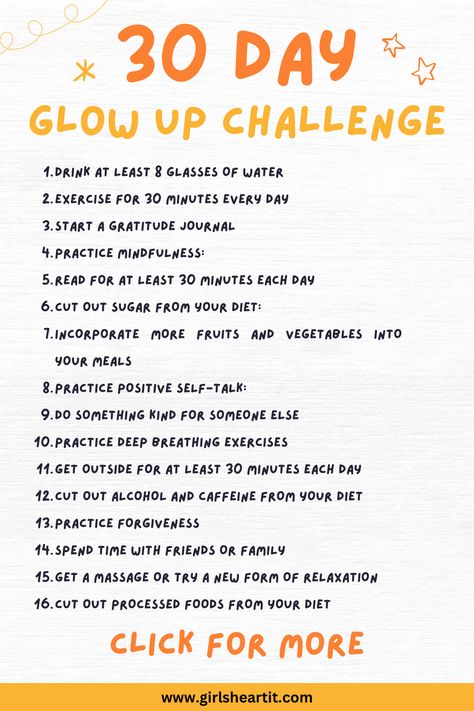 Follow this 30-day glow up challenge that focuses on both physical and mental wellness. The challenge promises to help users feel better both inside and out with daily tasks aimed at improving overall health and self-care. This pin is perfect for those looking for a manageable challenge to help kickstart a healthier lifestyle. This is a 30 day challenge for glow up and good life. Follow this 1 month glow up challenge to become a better you. 1 Month Challenge Mental Health, 25 Day Glow Up Challenge, One Month Glow Up Challenge Self Care, 20 Days Glow Up Challenge, 30 Days Glow Up, Health Challenge 30 Day, 31 Day Glow Up Challenge, 1month Glow Up Challenge, How To Feel Healthier