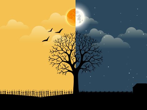 Day and Night by Nukul Day And Night Illustration Art, Light And Dark Paintings, Day Vs Night Art, Light And Dark Illustration, Light And Darkness Illustration, Night Vs Day Art, Night And Day Illustration, Day To Night Illustration, Day Night Illustration