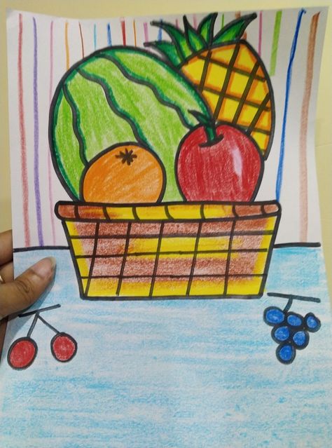 Fruit Basket Drawing, Vegetable Drawing, Basket Drawing, Buddha Art Drawing, Art Lessons For Kids, Buddha Art, Art Drawings For Kids, Fruit Basket, Simple Art