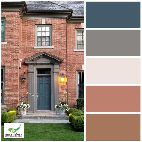 Top Colours For Exterior Brick Paint and Stain | Home Painters Toronto Brick Colour Palette, Exterior Brick Paint, Brick Exterior Colors Schemes, Brick House Exterior Colors Schemes, Brick Palette, Orange Brick Houses, Brick Paint Colors, Red Brick House Exterior, Red Brick Exteriors