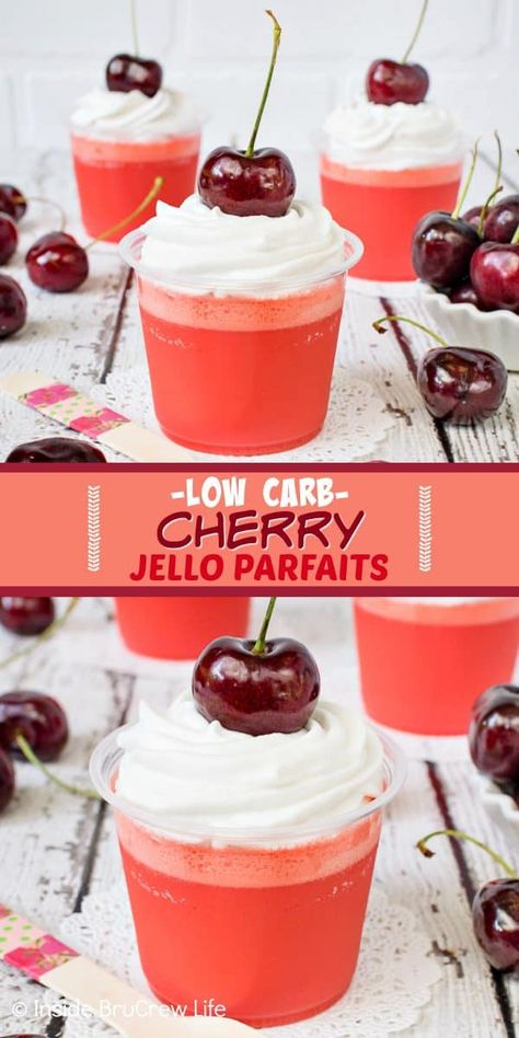 Low Carb Cherry Jello Parfaits - these two ingredients Jello cups are a great dessert to make and keep in your fridge. Easy to make, low carb, and sugar free makes these a great treat for any eating plan. #lowcarb #twoingredient #sugarfree #Jello #nobake #dessert Keto Jello, Jello Parfait, Nobake Dessert, Jello Cups, Dessert To Make, Sugar Free Jello, Keto Drinks, Jello Desserts, Keto Sweets