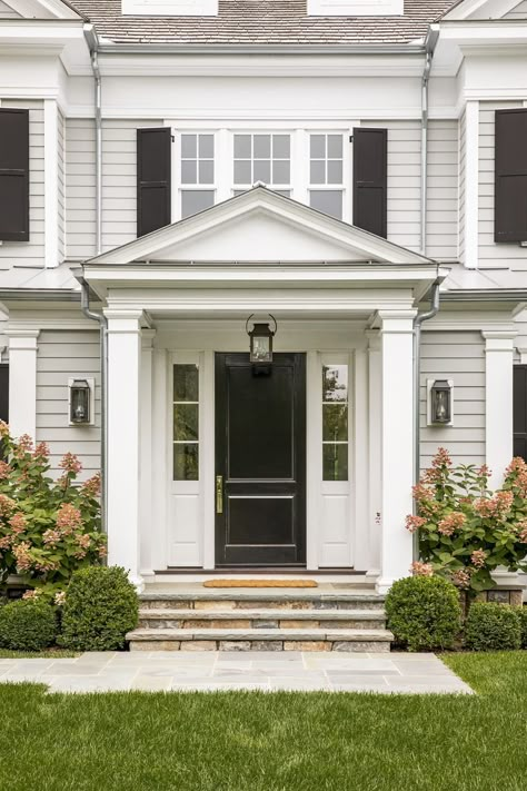 A beautiful Colonial house in Connecticut gets a timeless makeover Cape House Exterior, Colonial Front Door, Bria Hammel Interiors, Bria Hammel, Portico Design, Greenwich House, Colonial House Exteriors, Door Options, Colonial House Plans