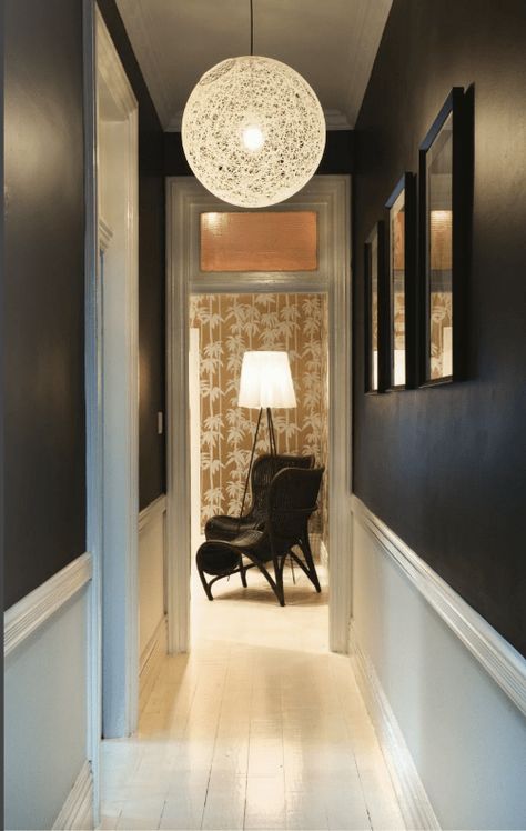 expert advice for painting small spaces #SOdomino #room #interiordesign #furniture #property #lighting #house #building #ceiling #floor #lightfixture Long Narrow Hallway, Hallway Paint, Dark Hallway, Hallway Inspiration, Narrow Hallway Decorating, Dado Rail, Upstairs Hallway, Hal Decor, Long Hallway