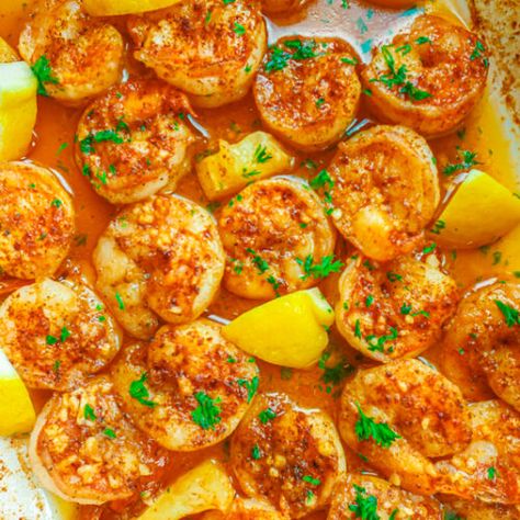 Baked Shrimp with garlic lemon butter - Ronalyn Alston Baked Potato Dinner, Oven Baked Shrimp, Shrimp In The Oven, Shrimp With Garlic, Parmesan Roasted Broccoli, Lemon Garlic Butter Shrimp, Skillet Dinner Recipes, Potato Dinner, Garlic Butter Shrimp