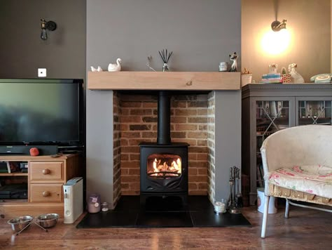 Brick Fireplace Log Burner, Oak Beam Fireplace, Exposed Brick Fireplaces, Beam Fireplace, Wood Burner Fireplace, Brick Slip, Wood Burning Stoves Living Room, Log Burner Fireplace, Log Burner Living Room