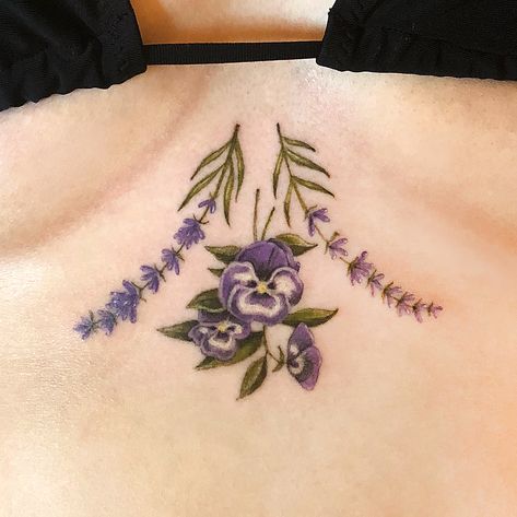 Lavender Chest Tattoo, Lavender Sternum Tattoo, Lavender Menace Tattoo, Botanical Sternum Tattoo, Sternum Tattoo Floral, Sternum Flower Tattoo, Flower Sternum Tattoo, Floral Sternum Tattoo, Sternum Piece