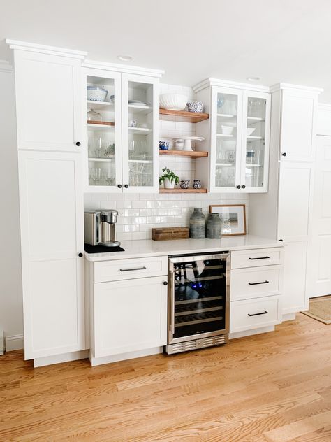 Pantry And Wet Bar, Kitchen Flooring Different From Living Room, Pantry In Dining Room Built Ins, Built In Shelving Kitchen, Coffee Bar Cabinets Built Ins, Coffee Bar Open Shelving, Buffet Bar Ideas Dining Rooms, Open Butlers Pantry, Dinning Room Buffet Cabinet