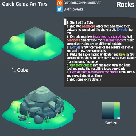 Official Post from Minions Art: Steps to make a nice clump of rocks! Unity Tutorials, Minion Art, Game Textures, Quick Games, 3d Modeling Tutorial, Low Poly Games, Pixel Art Tutorial, Hand Painted Textures, Video Game Design