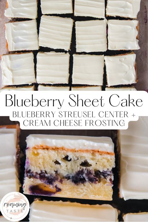 Slices of blueberry sheet cake are served up with the homemade blueberry streusel center visible in the cake alongside the nice smooth cream cheese frosting Blueberry Cake With Cream Cheese Icing, Blueberry Sheet Cake, Homemade Blueberry Cake, Vanilla Icing Recipe, Summer Birthday Cake, Blueberry Cake Mix, Refrigerator Cake, Blueberry Streusel, Vanilla Sheet Cakes