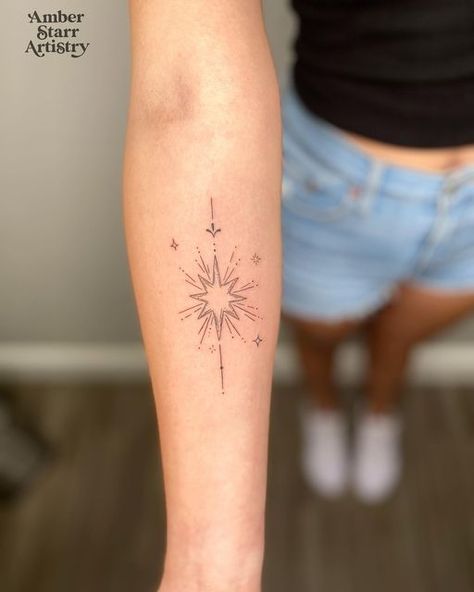 Amber Starr Fitch on Instagram: "Sometimes it’s the simple ones for me. Maybe also because it’s a star.. and well ya know! 😜🖤✨ #tattoo #tattoos #tattooideas #tattooart #tattooed #tattooartist #tattooer #ladytattooer #finelinetattoo #finelinetattoos #finelinetattooartist #finelinetattooutah #utahtattooartist #utahtattooartists #ink #inked #tattoosofinstagram #tattoosoftheday #star #startattoo #starshine #starburst" Shine Bright Tattoo Ideas, Bright Star Tattoo, Starburst Tattoo Stars, Big Star Tattoo, Shine Bright Tattoo, Shining Star Tattoo, Star Burst Tattoo, Starburst Tattoo, Typographic Tattoo