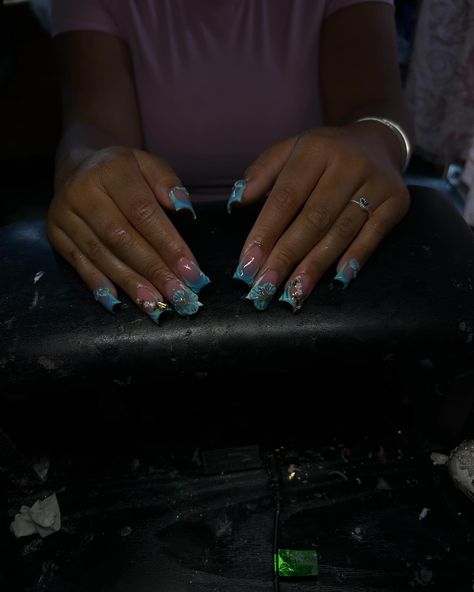 Blue summer duck nails - - - - - - - - - - #nailsnailsnails #nailtech #brocktonnailtech #explore #explorepage Blue Duck Nails, Teal Blue Nails, Nails Teal, Blue French Tips, Teal Nails, Duck Nails, Short Nail, Pink Acrylic, Pink Acrylic Nails