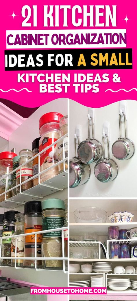 Learn how to organize your kitchen cabinets in a smart and efficient way with these 21 hacks and ideas to organize a small kitchen! Ideas For A Small Kitchen, Tackle Organization, Organize Your Kitchen Cabinets, Cabinet Organization Ideas, Kitchen Cabinet Organization Ideas, House To Home, Sewing Room Storage, Coffee Supplies, Messy Kitchen