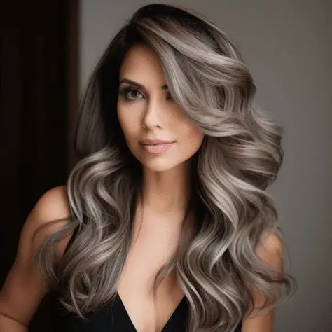 Woman with Chunky Platinum Highlights on Dark Brown Hair Hair Color Ideas Trendy, Beautiful Hair Color Ideas, Ash Blonde Hair Balayage, Gray Hair Color Ideas, Blonde Highlights On Dark Hair, Gray Hair Color, Grey Hair Transformation, White Hair Color, Gorgeous Gray Hair