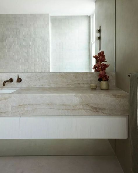 The Local Project | Project Feature • The pursuit of harmony guided the design philosophy for Equanimity. @mckarchitects and @atelieralwill soften the existing… | Instagram Taj Mahal Quartzite, Wall Bench, Stone Vanity, Stone Bathroom, Front Rooms, The Local Project, Interior Renovation, Brown Tones, Fireplace Wall