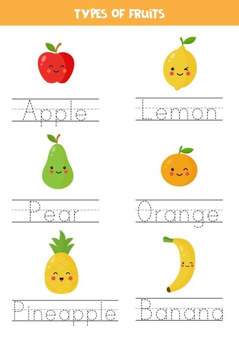 Tracing names of cartoon fruits. Writing practice. Tracing Names, English Language Activities, Children Names, Kindergarten Phonics Worksheets, Fruit Names, Busy Activities, Preschool Tracing, Fruit Coloring Pages, Name Tracing