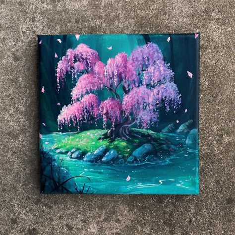 Acrylic cherry blossom fantasy scene painting by gouache artist BleesArt. Fantasy Gouache Painting, Fantasy Painting Ideas Easy, Simple Fantasy Painting, Fantasy Painting Easy, Witchy Acrylic Painting, Art Inspiration Painting Acrylics, Fantasy Canvas Painting, Fairy Painting Ideas, Painting Ideas Purple