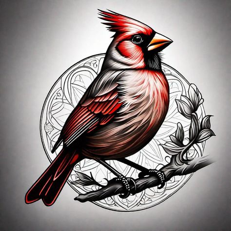 Neo Traditional Cardinal Tattoo, Cardinal Feather Tattoo Memorial, Cardinal Birds Tattoo, Memorial Tattoo Drawings, Cardinal Tattoo For Men, Black And White Cardinal Tattoo, Mola Tattoo, Cardinal Tattoos For Women, Traditional Cardinal Tattoo