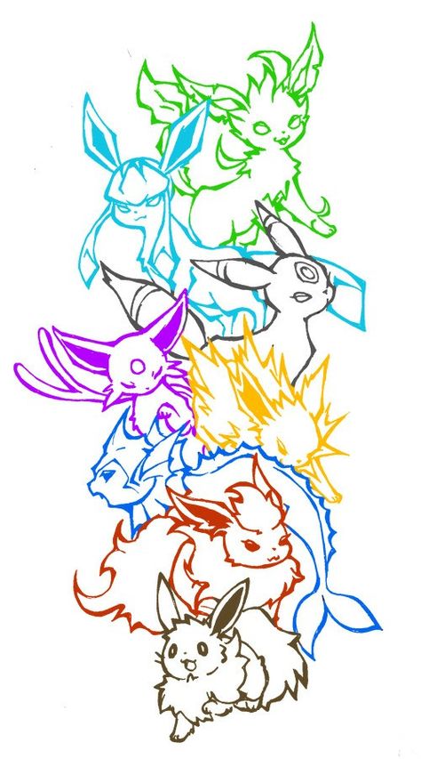 Evee Pokemon Svg, Pokemon Tattoo Eevee Evolution, Pokemon Eevee Tattoo Ideas, Eeveelutions Tattoo Ideas, Eeveelutions Tattoo Sleeve, Eevee Evolutions Drawing, Pokemon Back Tattoo, Pokemon Tattoo Ideas Design, Eevee Tattoo Evolution