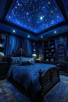 Dark Anime Bedroom Ideas, Space Room Aesthetic, Blue And Silver Bedroom Ideas, Celestial Bedroom Aesthetic, Night Sky Bedroom, Dark Fantasy Bedroom, Dark Blue Room, Magic Bedroom, Fantasy Bedrooms