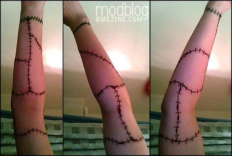 this is more like what i want one the back of my arms/legs Frankenstein Stitches Tattoo, Zombie Tattoo Ideas, Frankenstein Tattoo, Zombie Tattoo, Flesh Tattoo, Zombie Tattoos, Stitch Tattoo, Funky Tattoos, Scar Tattoo