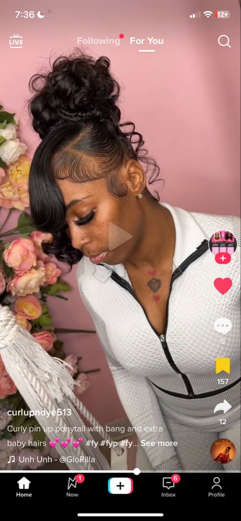 Curly Ponytail Hairstyles With Bangs, Pin Up Hair Styles Black Women, Pin Curls Ponytail For Black Women, Messy Updo With Bangs Black Women, Pin Curl Bun With Bangs Black Women, Curly Pin Up Hairstyles Black Women, Pin Up With Bangs Black Women, Pin Curl Bun With Bang, Pinned Up Hairstyles For Black Women