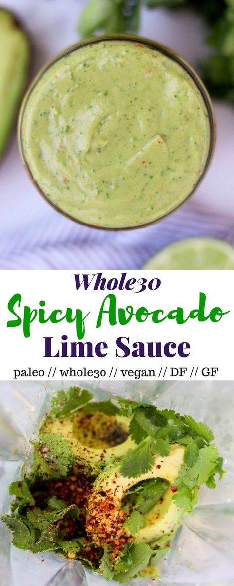 A super simple avocado sauce you can throw on just about anything, this Spicy Avocado Lime Sauce comes together in less than a minute and is paleo, Whole30, and vegan! - Eat the Gains Avocado Sauce For Burgers, Avocado Soy Sauce, Avocado Mojo Sauce, Spicy Avocado Sauce, Avocado Jalapeno Sauce, Avocado Lime Sauce, Avocado Dessert, Creamy Avocado Sauce, Healthy Avocado