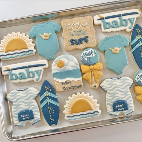 Fondant Biscuits, Surfer Baby Shower, Surfer Baby, Surf Baby, Ocean Baby Showers, Beach Cookies, Beach Baby Showers, Baby Bash, Cookies Theme