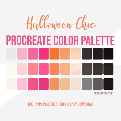 This Halloween Procreate color palette includes 30 unique swatches to create chic halloween art in Procreate. 🎀 Create chic halloween art and but the cute flair into your halloween art with these 30 swatches featuring, elegant shade of white and cream, beautiful and fun shade of pink, and classic halloween oranges and blacks. This color palette has everything you need to make chic and cute halloween art in Procreate. Happy Galloween! 🥳 Includes: - 30 colors in the palette - A (.swatches) file Pink Color Palette Procreate, Pink Halloween Color Palette, Cute Halloween Color Palette, Fairytale Color Palette, Spooky Color Palette, Cute Color Palettes, Pink And Orange Halloween, Digital Art Ipad, Halloween Procreate