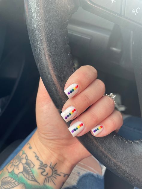 Men Pride Nails, Square Pride Nails, Dot Art Nails, Pride Nails Short Simple, Pride Nails Simple, Pride Nails For Men, White Rainbow Nails, Short Pride Nail Ideas, Simple Pride Nail Ideas