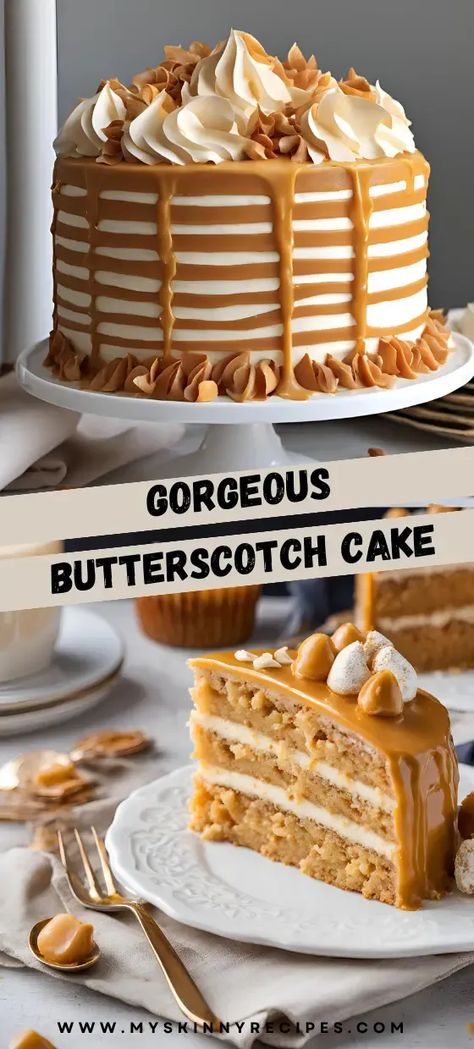 Indulge in the rich, caramel-like flavors of this Gorgeous Butterscotch Cake! Moist layers of buttery cake and luscious butterscotch frosting make this dessert perfect for any celebration. #ButterscotchCake #Baking #Dessert #CakeLovers 🍰#myskinnyrecipes ❤️ Butterscotch Caramel Cake, Butterscotch Homemade, Butter Scotch Cake Designs, Butterscotch Cake Designs, Butterscotch Frosting Recipe, Butterscotch Buttercream, Butterscotch Icing, Butterscotch Frosting, Different Cake Flavors