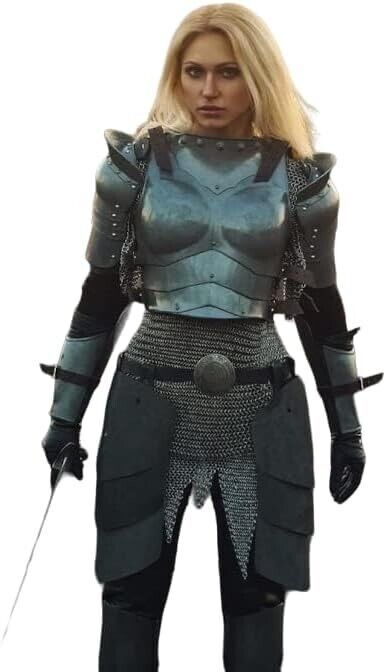 Be the queen of the battlefield with this stunning medieval Lady Armor set! Crafted with 18 gauge steel and chainmail, this armor is perfect for LARP, reenactment or cosplay. The antique color adds a touch of authenticity. Rule your kingdom with confidence! #MedievalWarrior #FemaleKnight #ArmorSet #Chainmail #LARP #Reenactment #Cosplay #HistoricalReplica #EmpoweredWomen Lady Armor, Dress Armor, Chainmail Clothing, Medieval Lady, Knight Warrior, Steel Armor, Knight Outfit, Chainmail Armor, Metal Chest