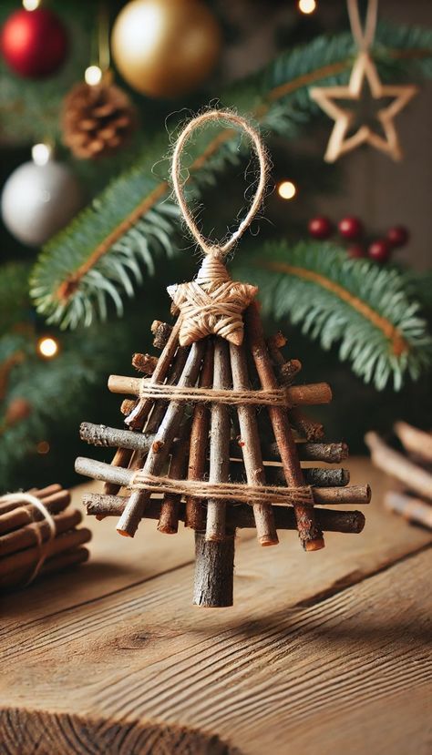 Twig Ornaments Diy, Diy Branch Christmas Tree, Diy Branches Decor, Twig Christmas Tree Diy, Diy Woodland Christmas Ornaments, Stick Ornaments Diy, Twig Christmas Decorations, Christmas Nature Crafts, Twig Decorations