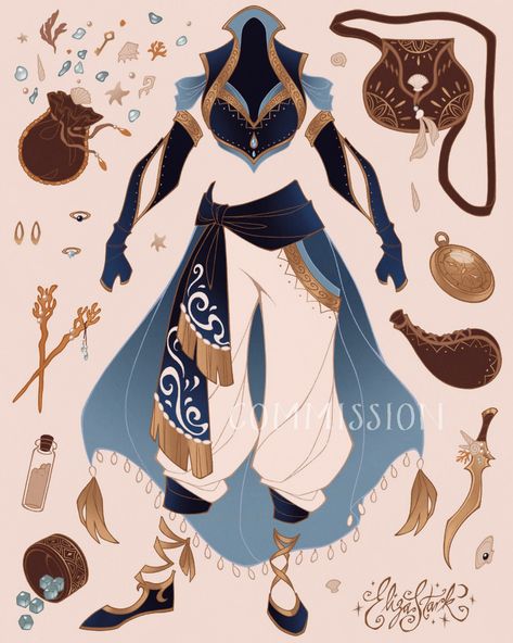 Blue Gold Outfit, Outfit Concept Art, Clothing Sketches, Art Outfits, Gold Outfit, Clothing Design Sketches, Drawing Anime Clothes, Anime Dress, Fashion Design Drawings