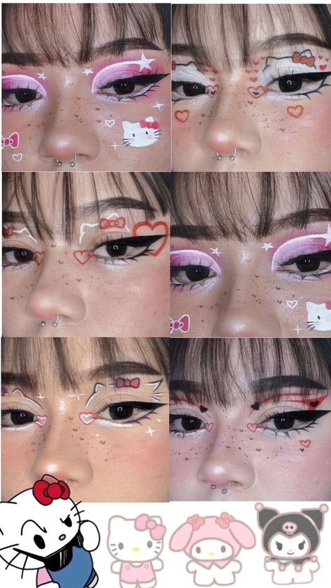 Garu Make Up, Sanrio Inspired Makeup, Hello Kitty Makeup Ideas, Hello Kitty Inspired Makeup, Pre Shower Makeup Ideas Crazy, Hello Kitty Eye Makeup, Sanrio Makeup Look, Kitty Tattoos, Eyeliner Ideas