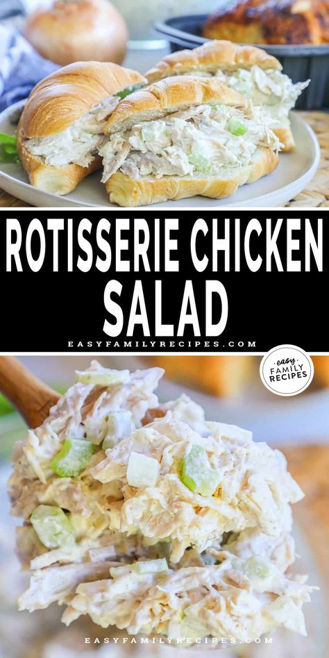 BEST Chicken Salad EVER! This classic rotisserie chicken salad recipe is an easy win! It's a no-cook fast meal prep recipe for lunch and dinner. Pre-cooked chicken with simple staples like celery, onions, mayo and seasonings make a cool, creamy, family friendly meal. Get ahead for the week with lunch prep - bread or croissants make delicious chicken salad sandwiches or use it all week as an easy dip for crackers. Chicken salad made with rotisserie chicken is the easy, healthy meal you’re after! Shredded Chicken Salad Sandwich, Chicken Salad With Basil, Rotisserie Chicken Recipes Salad, Chicken Salad Using Rotisserie Chicken, Plain Chicken Salad Recipe, Chicken Salad Rotisserie Easy, Easy Rotisserie Chicken Salad, Chicken Salad From Rotisserie Chicken, Easy Healthy Chicken Salad Recipe