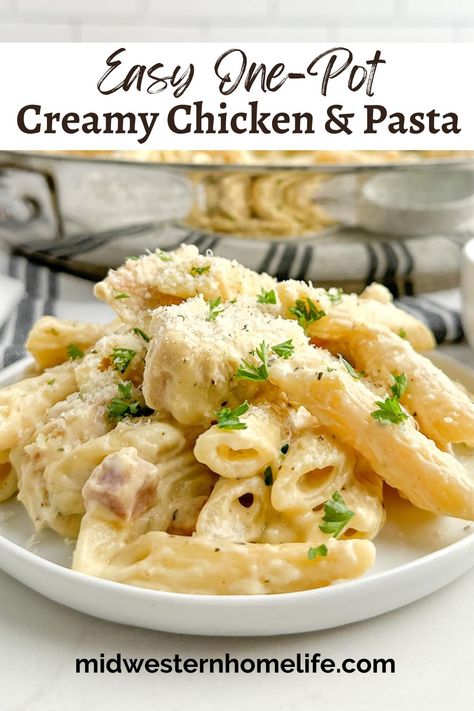 Creamy Chicken and Pasta with cream of chicken soup, tender chicken breast, and penne pasta in a luscious creamy sauce is an easy one-pot meal that takes about 30 minutes. Creamy garlic chicken pasta is a delicious dinner recipe for busy weeknights the whole family will devour. rn Cream Of Chicken Pasta Sauce, Pasta With Cream Of Chicken Soup, Chicken And Cream Of Chicken Recipes, Cream Of Chicken Pasta Recipes, Chicken Breast Pasta Recipes, Creamy Chicken Breast Recipes, Creamy Garlic Chicken Pasta, Chicken Pasta Sauce, Chicken Breast Pasta