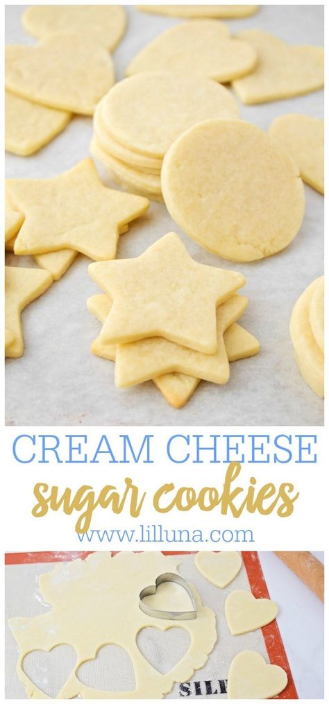 Cream cheese sugar cookies are a perfectly soft, melt-in-your-mouth cutout cookie! They are easy to make and fun to decorate. #creamcheesesugarcookies #creamcheese #sugarcookies #cookies #dessert Cream Cheese Cookie Recipe, Cutout Cookie, Cream Cheese Sugar Cookies, Cheese Frosting Recipe, Cut Out Cookie Recipe, Cream Cheese Frosting Recipe, Vanilla Buttercream Frosting, Cream Cheese Cookies, Easy Cream