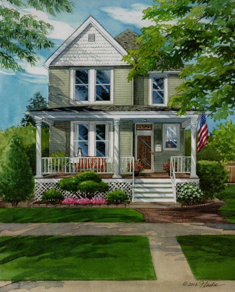 House With Front Porch, House With Wrap Around Porch, Brick House Plans, Brick Farmhouse, Brick Porch, Watercolor Houses, Colonial House Exteriors, Mansion Homes, House Drawings