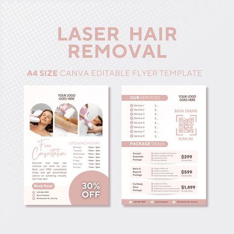 -Editable in Canva -Print-ready -Customize colors, text, fonts, and photos -Perfect for laser hair removal brochures, clinic promotions, and more -Ideal for laser technicians, estheticians, and beauty industry experts -Instant download after purchase Beauty Clinic Design, Laser Technician, Beauty Salon Marketing, Marketing Aesthetic, Price List Design, Aesthetic Clinic, Beauty Clinic, Clinic Design, Text Fonts