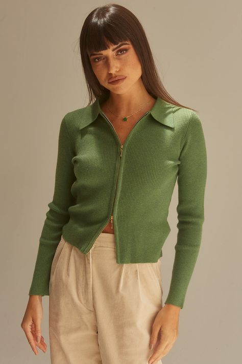 Zip Up Sweater Outfit, Collared Cardigan, Polo Cardigan, Zip Up Cardigan, Zippered Cardigan, Zip Cardigan, Green Cardigan, Cardigan Outfits, Outfit Inspo Fall