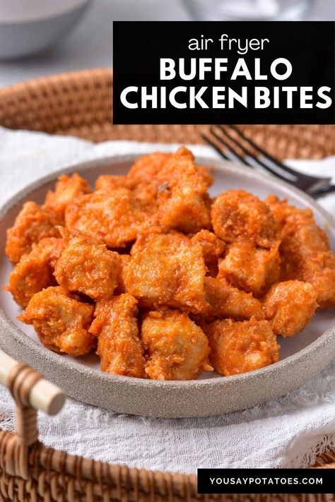 Bowl of air fryer buffalo chicken bites. Air Fried Buffalo Chicken Bites, Buffalo Chicken Chunks Recipe, Buffalo Chicken Skewers, Air Fryer Buffalo Chicken Bites, Buffalo Chicken Bites Air Fryer, Buffalo Chicken Bites Baked, Oven Baked Chicken Bites, Air Fried Buffalo Chicken, Chicken Bites Oven