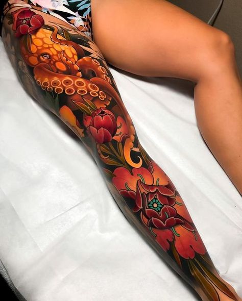 Neo Traditional Tattoos Leg Sleeve, Neotraditional Tattoo Leg Sleeve, Neo Japanese Tattoo Sleeve, Neo Trad Leg Sleeve, Neotraditional Leg Tattoo, Colorful Leg Sleeve Tattoo, Neo Traditional Leg Tattoo, Neotraditional Leg Sleeve, Japanese Leg Tattoo Women