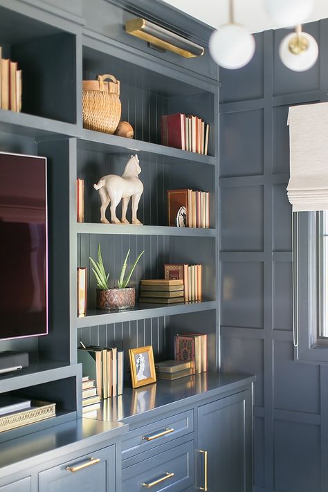 Benjamin Moore HC-156 Van Deusen Blue very close color Dark Gray Living Room, Gray Living Room Furniture, Van Deusen Blue, Dark Grey Living Room, Built In Bookshelves, Grey Furniture Living Room, Home Library Rooms, Living Room Built Ins, Gray Living Room