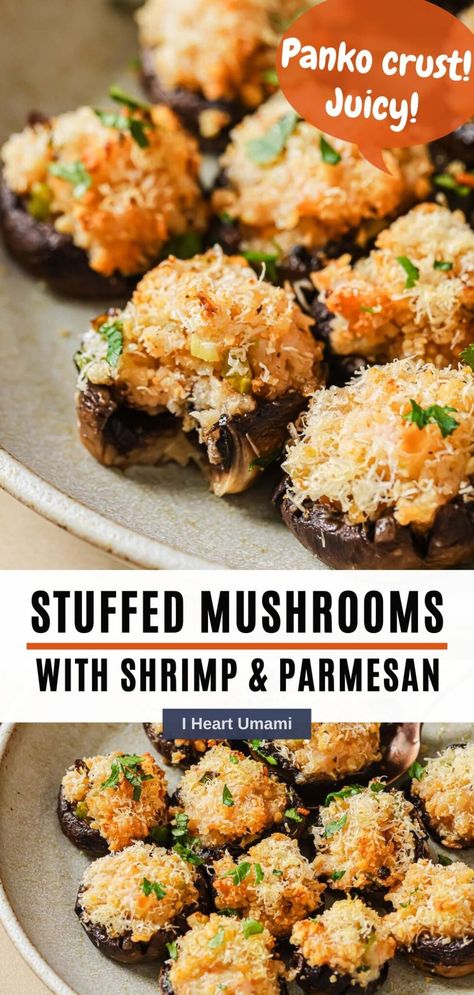 Shrimp Stuffed Mushrooms with tender shrimp stuffing, gluten-free panko, and parmesan topping are juicy, flavorful, and easy to make! #shrimpstuffedmushrooms #stuffedmushrooms #bakedmushrooms Shrimp Stuffing, Umami Recipes, Shrimp Stuffed Mushrooms, Mushroom Side Dishes, Gf Meals, Shrimp Stuffed, Shrimp Parmesan, Pescatarian Diet, Mushroom Recipes Healthy