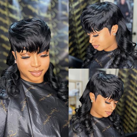 Mullet Black Women Curly, 27 Piece Quick Weave Mullet, Mullet Hairstyles For Black Women, Quick Weave Mohawk Hairstyles, Mullet On Black Women, Mullet Hairstyle Black Women, Black Women Mullet Hairstyles, Mullet Black Women, Mullet Hairstyles