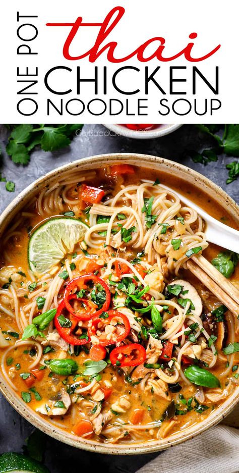 One Pot Thai Chicken Soup Thai Chicken Soup Instant Pot, Turkey Thai Soup, Healthy Dinner Soups, Thai Chicken Broth, Chicken Thai Soup, Asian Chicken Soup, One Pot Thai, Thai Soups, Thai Soup Recipes