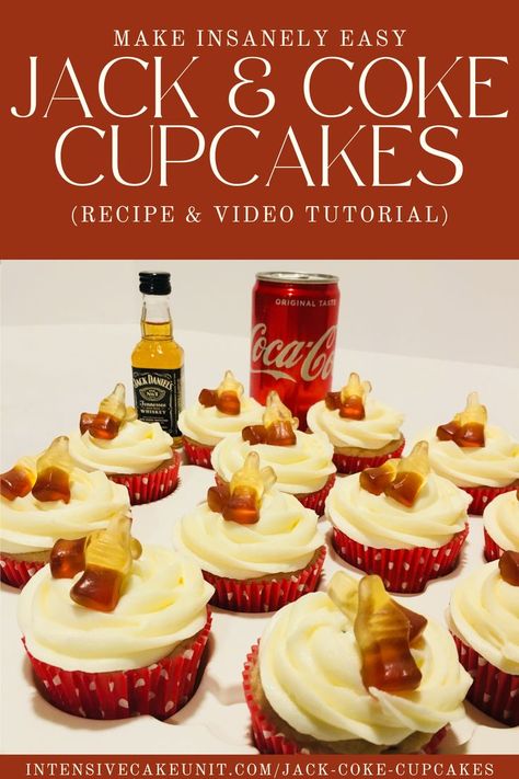 Jack and Coke Cupcakes, decorated with white frosting and Coca Cola bottle gummies. Coca Cola can and Jack Daniels bottle in background. Drunken Desserts, Coke Cupcakes, Cake Mix And Soda, Coke Cake, Cocktail Cupcakes, Infused Cupcakes, Cocktail Cake, Piping Frosting, Jack And Coke