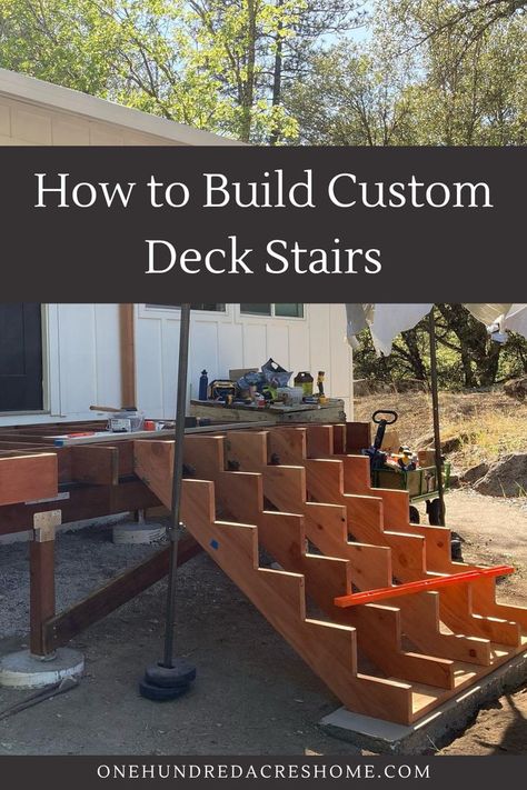 How to build your own custom stringers and deck stairs for a redwood deck. Building Deck Stairs, Easy Deck Stairs, How To Build Deck Steps, Deck With Wrap Around Steps, How To Build Deck Stairs, Build A Deck Diy, Diy Deck Stairs, Deck Stairs With Landing, Deck Stairs Ideas